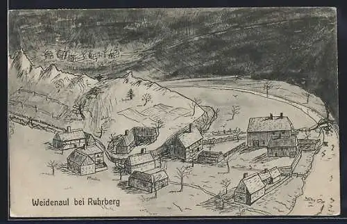 Künstler-AK Rurberg, Halbinsel Weidenauel, Ortspartie im Winter