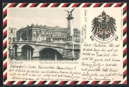AK Berlin, Die Börse und Friedrichsbrücke, Adler mit Wappen, Burgstrasse
