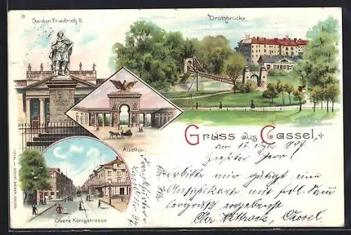 Lithographie Kassel, Drathbrücke, Denkmal Friedrich II., Auetor