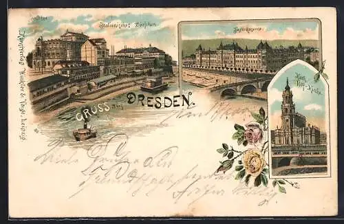 Lithographie Dresden, Italienisches Dörfchen, Kath. Hof-Kirche, Jägerkaserne
