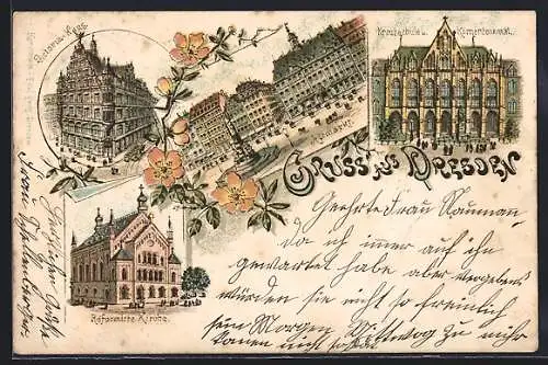Lithographie Dresden, Altmarkt, Reformierte Kirche, Victoria-Haus