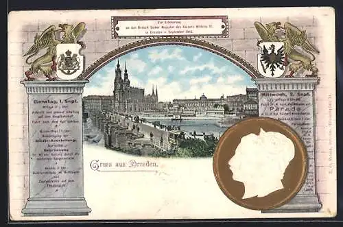 Künstler-AK Dresden, Festpostkarte zum Besuch des Kaiserpaares 1903, Schloss, Strassenbahn, Portrait