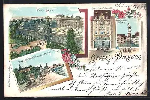 Lithographie Dresden, Kaufhaus Steinemann`s Bazar, Wilsdrufferstrasse, Siegesdenkmal Germania, Kgl. Zwinger