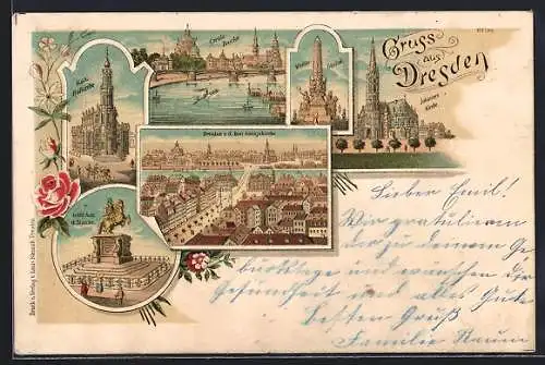 Lithographie Dresden, Carola-Brücke, Wettin-Obelisk, Ortsansicht