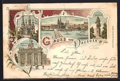 Lithographie Dresden, Elbansicht mit Hofkirche, Körner Denkmal, Russ. Kirche, Hauptportal d. Akademie