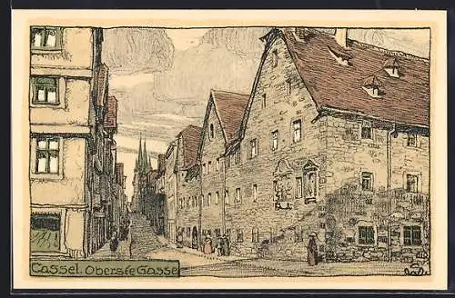 Steindruck-AK Cassel, Blick in die Oberste Gasse
