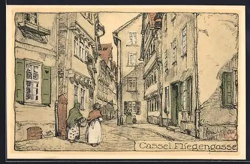 Steindruck-AK Cassel, Fliegengasse mit Passanten