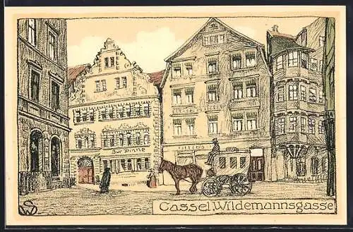 Steindruck-AK Kassel, Wildemannsgasse, Gasthaus zur Spinne, Pferdekutsche