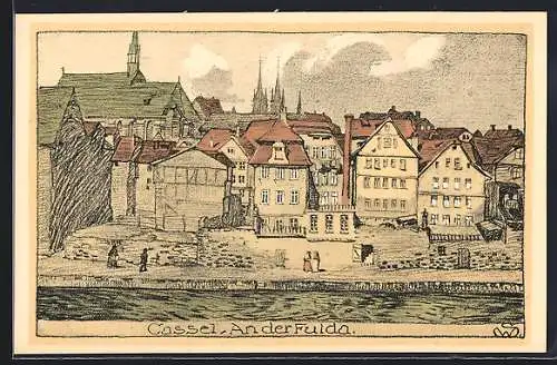 Steindruck-AK Cassel, Häuser an der Fulda