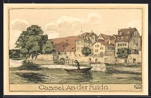 Steindruck-AK Kassel, Häuser an der Fulda, Kahnfahrer auf dem Fluss