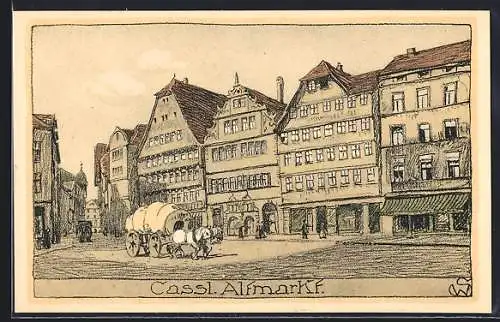 Steindruck-AK Kassel, Fuhrwerk an den Häusern auf dem Altmarkt