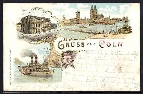 Lithographie Cöln, Rheinpartie mit Domblick, Theater, Dampfer