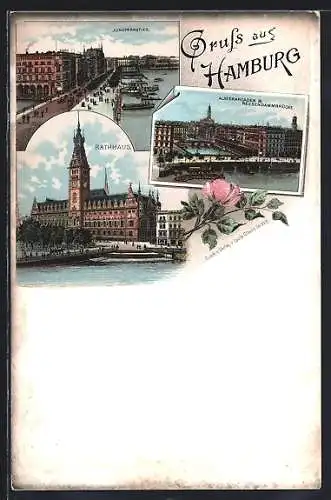 Lithographie Hamburg, Jungfernstieg, Rathaus, Alsterarcaden und Reesendammbrücke