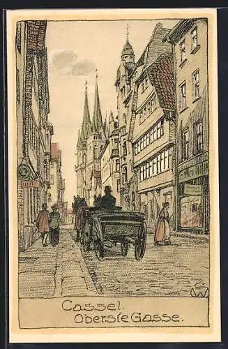 Steindruck-AK Cassel, Oberste Gasse mit Pferdekutsche und Passanten