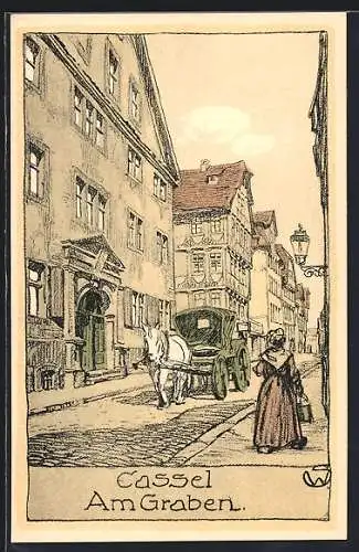 Steindruck-AK Kassel, Am Graben, Kutsche