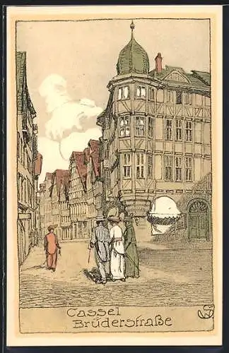Steindruck-AK Kassel, Brüderstrasse mit Passanten, Haus mit Turmerker