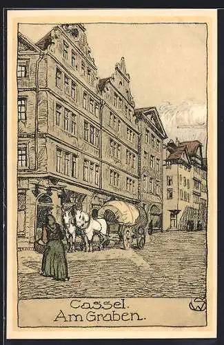 Steindruck-AK Cassel, Strasse Am Graben
