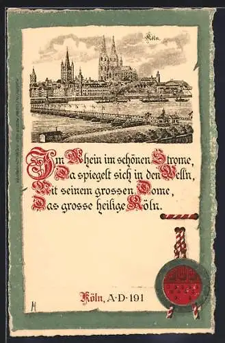 AK Köln, Teilansicht mit Rheinpartie und Dampfern, Passepartout mit Gedicht