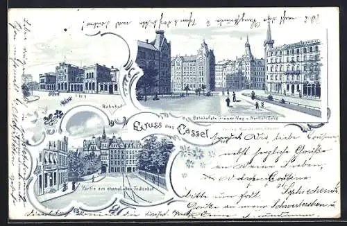 Lithographie Cassel, Bahnhof, Bahnhofstr., Grüner Weg und Wörthstr., Partie am ehemaligen alten Todtenhof
