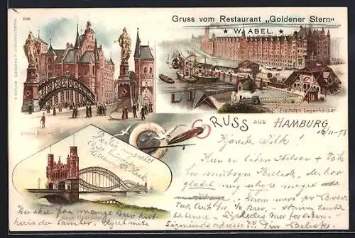 Lithographie Hamburg, Speicherstadt mit Lagerhäusern und Brooks Brücke, Neue Elbbrücke