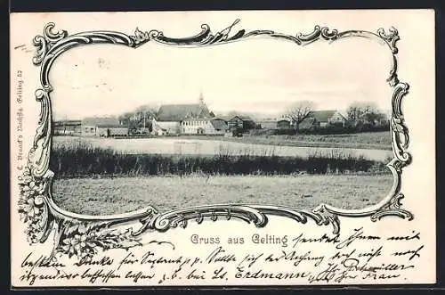 AK Gelting / Angeln, Ortspanorama von einem Feld aus, Ornament-Rahmen