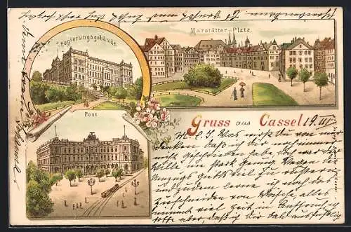 Lithographie Cassel, Marstätter Platz von oben, Regierungsgebäude, Post