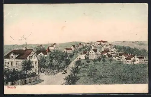 Künstler-AK Moosach / München, Gesamtansicht mit Strassse und Fernblick aus der Vogelschau