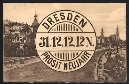 AK Dresden, Terrassenufer am Belvedere, Datumstempel 31.12.12.12N., Neujahrsgruss