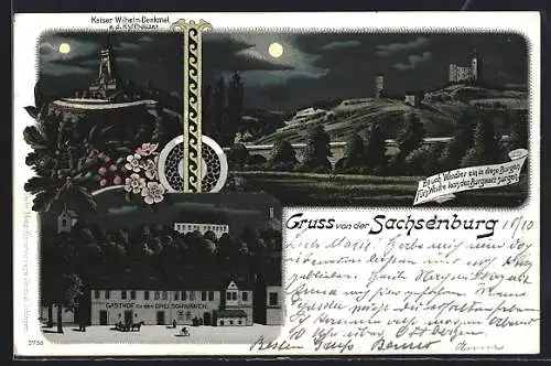 Lithographie Sachsenburg / Heldrungen, Kaiser Wilhelm-Denkmal, Gasthof zu den drei Schwänen, Burgen