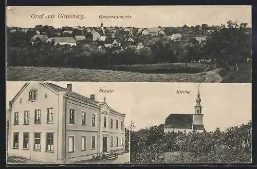 AK Gleisberg, Schule, Kirche, Gesamtansicht von einem Feld aus