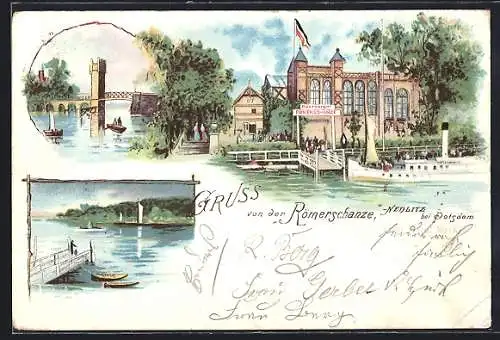 Lithographie Nedlitz / Potsdam, Gasthaus Römerschanze, Brücke
