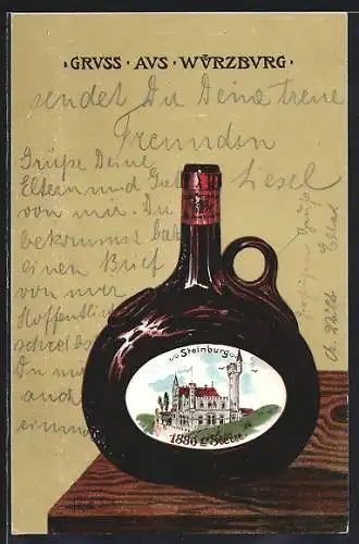 Lithographie Würzburg, Gasthaus Steinburg auf Etikett 1886er Stein, Bocksbeutel-Weinflasche