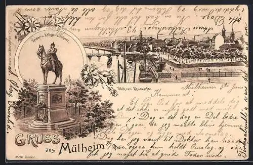 Lithographie Mülheim, Blick vom Rheinwerfte, Kaiser- und Krieger-Denkmal