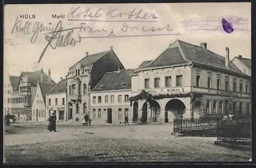 AK Hüls / Krefeld, Markt mit Hotel Kother