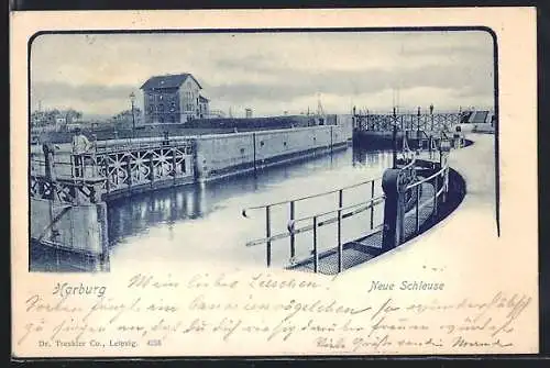 AK Harburg, Neue Schleuse mit Schleusenwärter