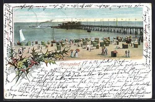 Lithographie Heringsdorf / Ostseebad, Strandpartie mit Seebrücke und Badegästen