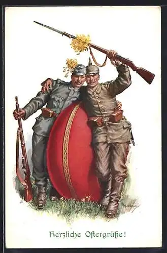 Künstler-AK Franz Kuderna: Soldaten umarmen grosses Osterei, Ostergrüsse