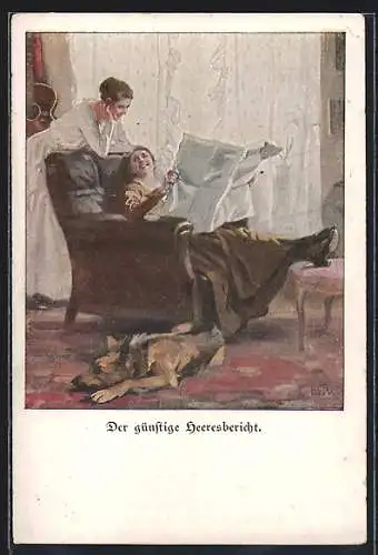 Künstler-AK Brynolf Wennerberg: Frauen lesen einen günstigen Heeresbericht in der Zeitung, Schäferhund