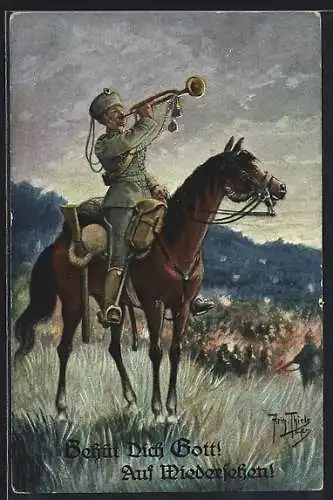 Künstler-AK A. Thiele: Soldat zu Pferd gibt Signal zum Sturm