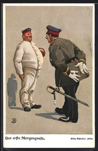 Künstler-AK Felix Schulze: Soldatenhumor, Der erste Morgengruss, General schnauzt Soldaten an