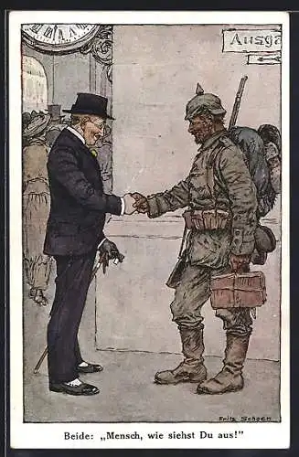 Künstler-AK F. Schoen: Mensch, wie siehst du aus!, Soldat schüttelt dem feinen Herr die Hand