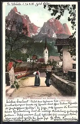 AK Seis, Dorfstrasse mit Kirche und Schlern