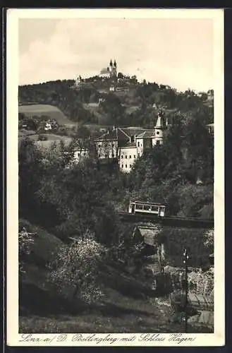 AK Linz a. D., Die Bergbahn am Pöstlingberg mit dem Schloss Hagen