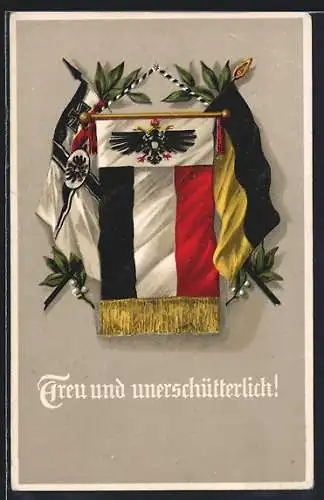 AK Fahnen des Zweibundes mit Lorbeerlaub, Treu und unerschütterlich