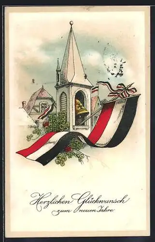 AK Reichsfahne weht aus einem Kirchenfenster, Neujahrsgruss