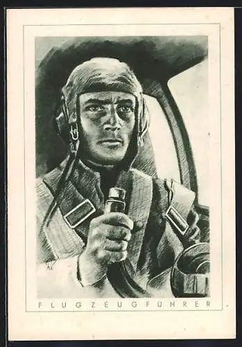 Künstler-AK Flugzeugführer, Pilot am Steuer