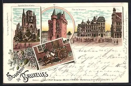 Lithographie Brüssel / Bruxelles, Hôtel des Brasseurs, Eglise Ste. Marie de Laeken, Porte de Hal