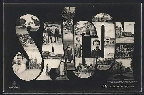 AK Saigon, Ortsansichten, Trachten und Portraits in Schriftzug gerahmt