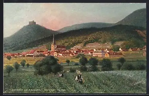 Künstler-AK Hambach / Hardt, Ortspanorama mit Maxburg