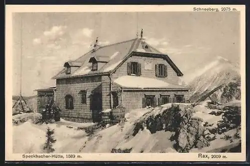 AK Speckbacher-Hütte, Ansicht der eingeschneiten Berghütte auf der Rax